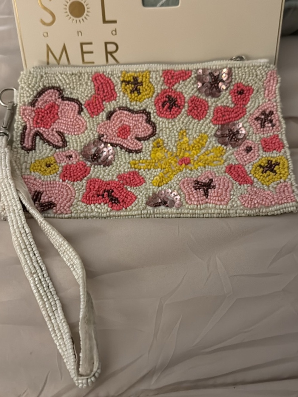 Viral bag. Beaded Floral Wristlet Clutch in White with Pink & Yellow Accents